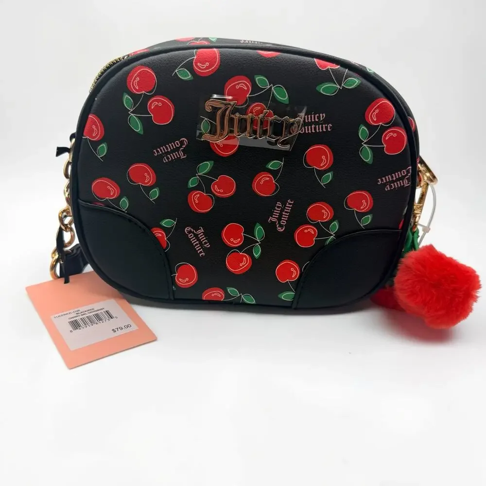 Juicy Couture Cherry Crossbody Bag NWT Black Cherry Print Gold Chain Pom Charm